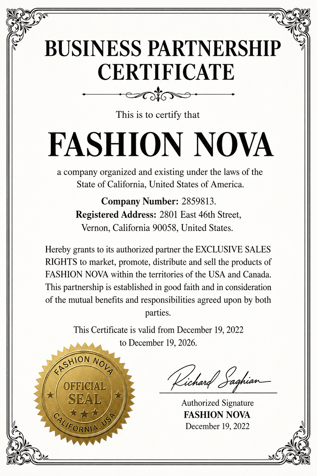 Fashion Nova business partnership certificate — official document